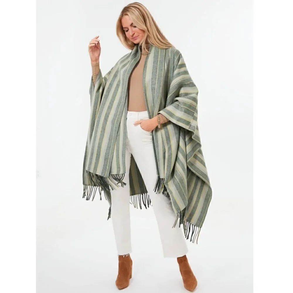 NWT SIMKHAI Cypress Stripe Sam Wool Fringe Poncho One-Size